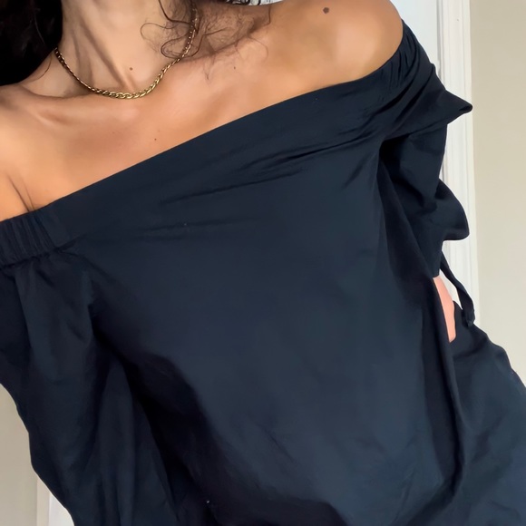 Free People Black Off Shoulder Tie Flare Sleeve Boho Tunic Long Sleeve Blouse - Picture 2 of 5